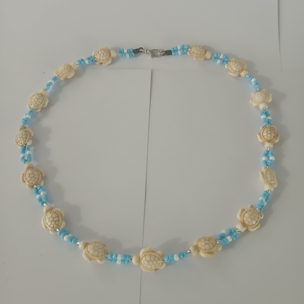 Blue and Cream Turtle Bead Necklace